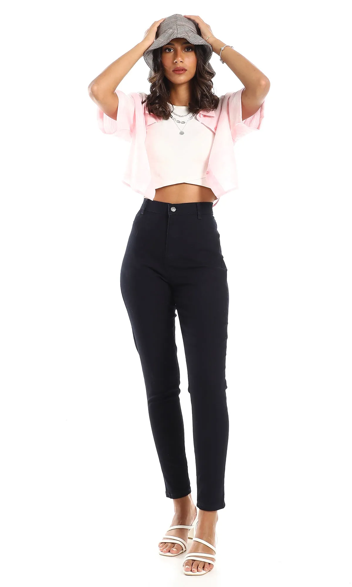 97223 Pink & White Short Sleeves Cropped Shirt