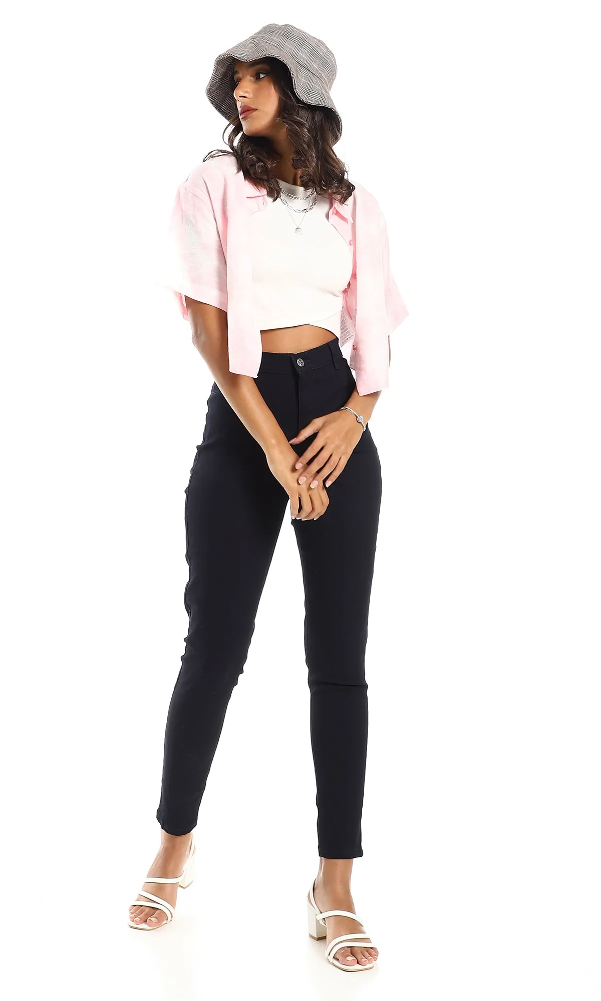 97223 Pink & White Short Sleeves Cropped Shirt