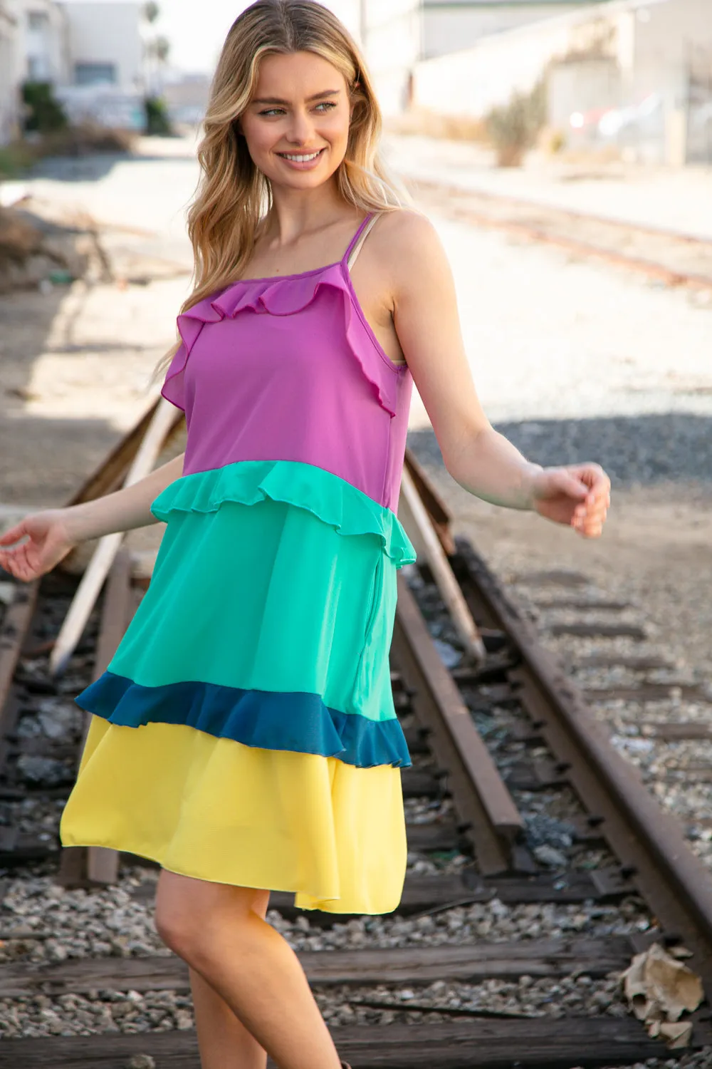 Fuchsia Shoulder Strap Color Block Tiered Ruffle Dress (Open Pack)