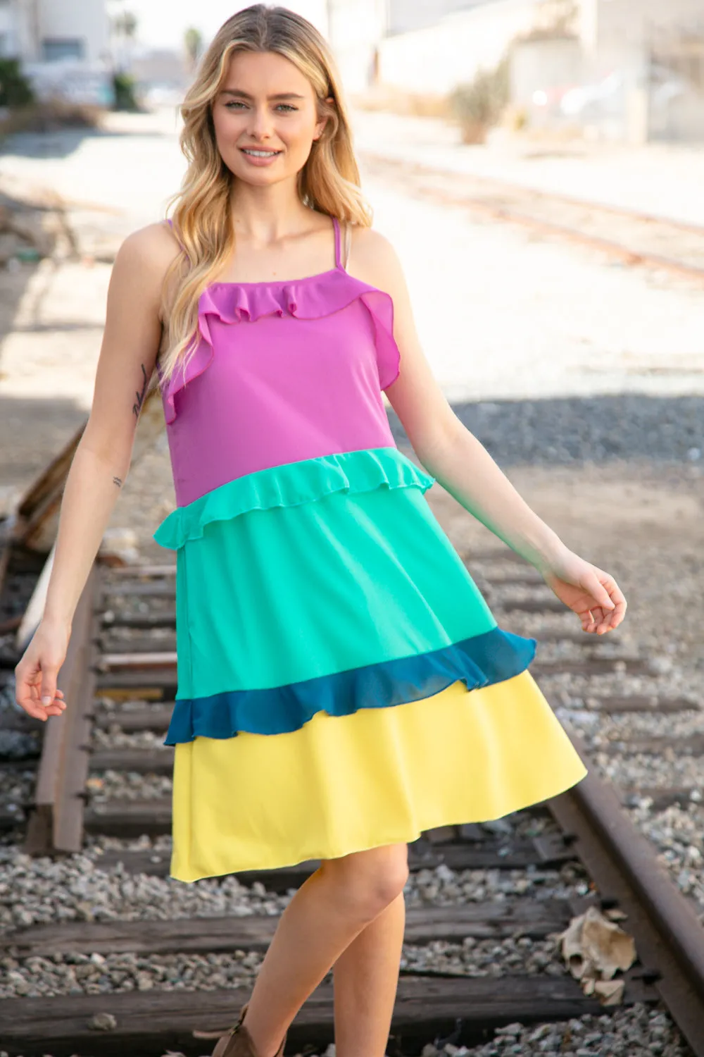 Fuchsia Shoulder Strap Color Block Tiered Ruffle Dress (Open Pack)