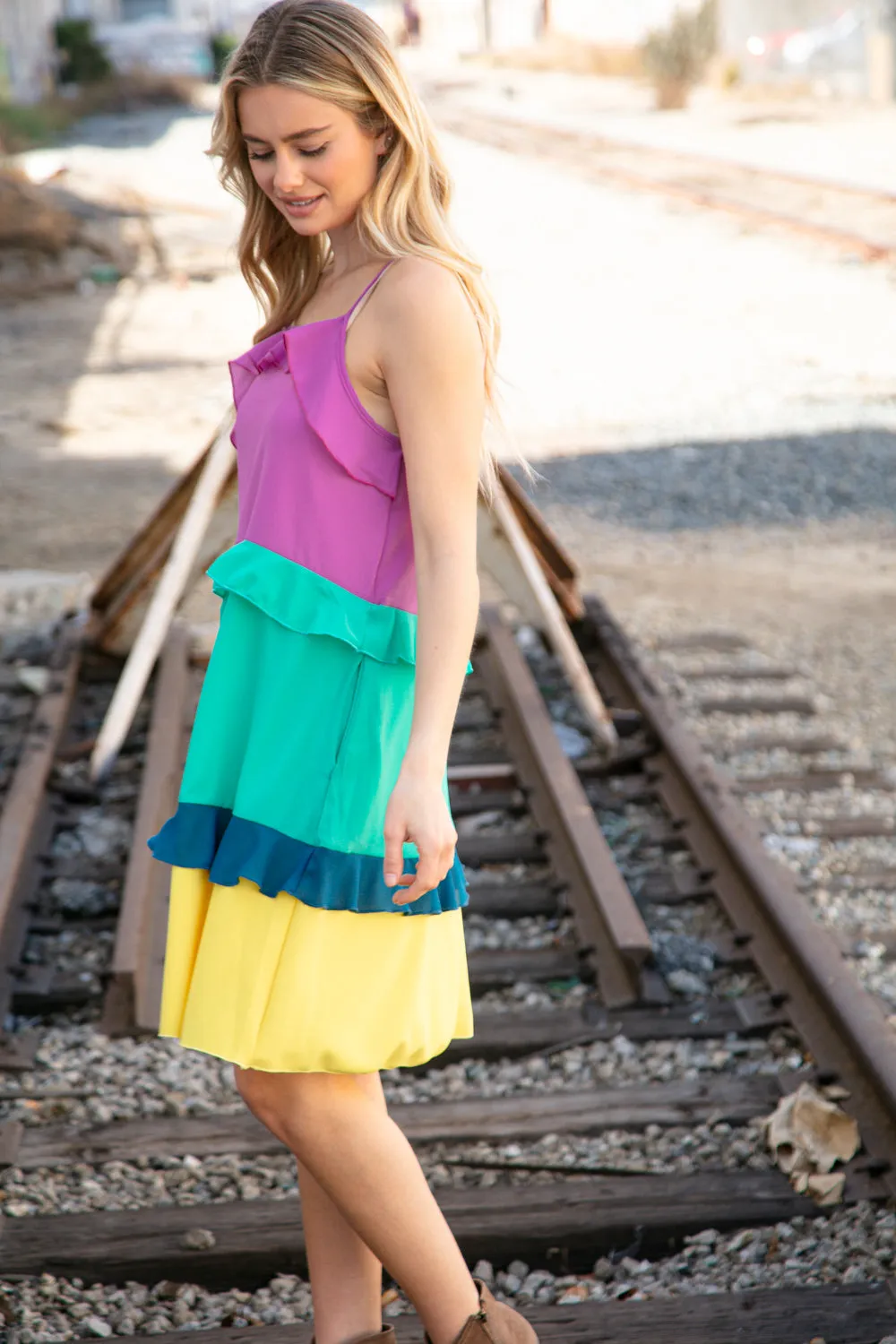 Fuchsia Shoulder Strap Color Block Tiered Ruffle Dress (Open Pack)