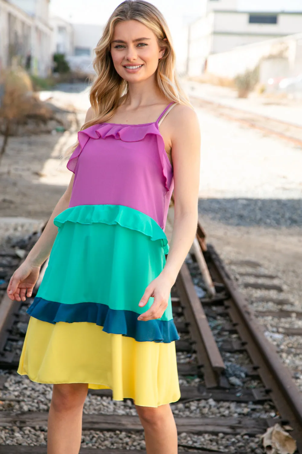 Fuchsia Shoulder Strap Color Block Tiered Ruffle Dress (Open Pack)