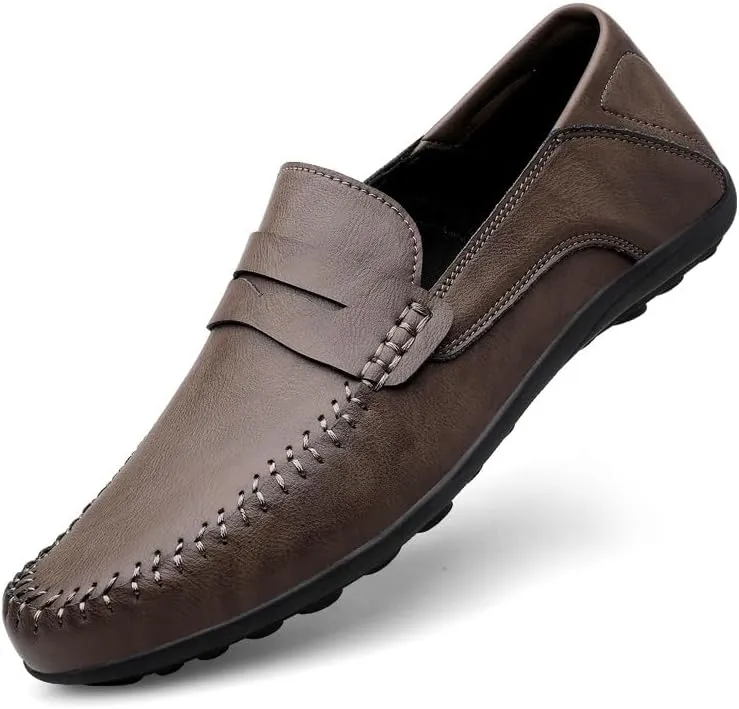 Men's Loafers Round Toe Vegan Leather Penny Loafers Comfortable Anti-Slip Flat Heel Fashion Slip On