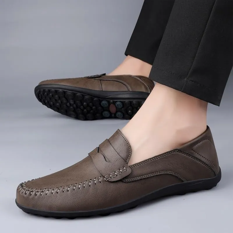 Men's Loafers Round Toe Vegan Leather Penny Loafers Comfortable Anti-Slip Flat Heel Fashion Slip On