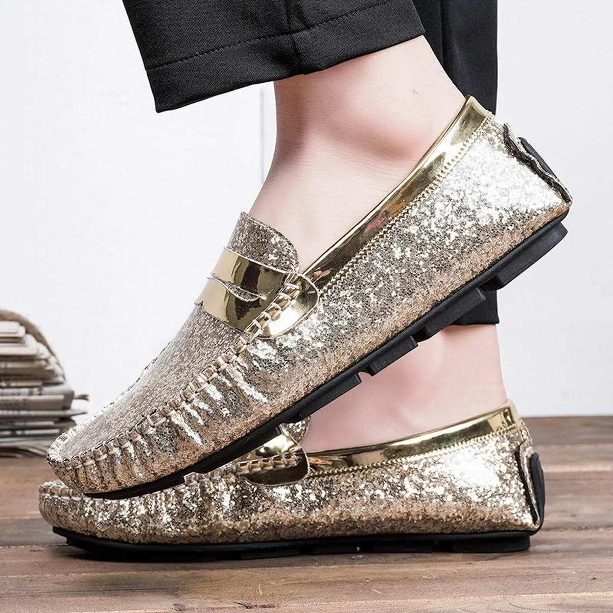 Mens Loafers Vegan Leather Shiny Penny Driving Loafers Flat Heel Comfortable Flexible Outdoor Slip-ons