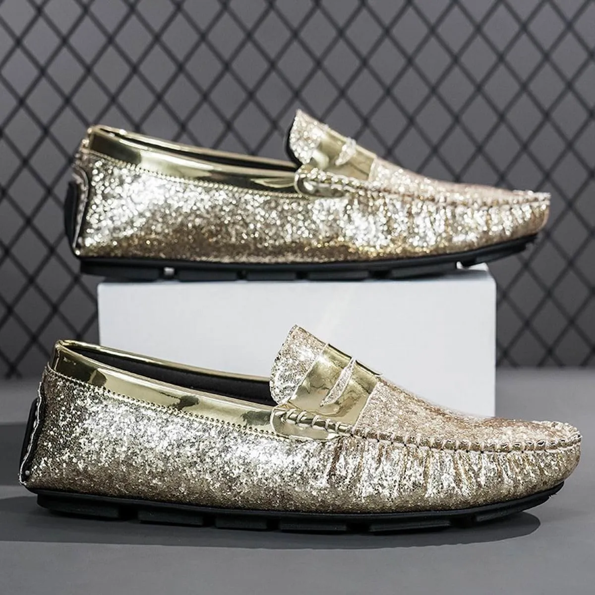 Mens Loafers Vegan Leather Shiny Penny Driving Loafers Flat Heel Comfortable Flexible Outdoor Slip-ons