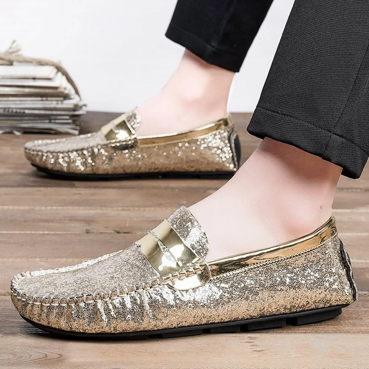 Mens Loafers Vegan Leather Shiny Penny Driving Loafers Flat Heel Comfortable Flexible Outdoor Slip-ons
