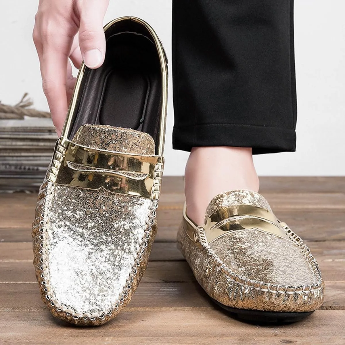 Mens Loafers Vegan Leather Shiny Penny Driving Loafers Flat Heel Comfortable Flexible Outdoor Slip-ons
