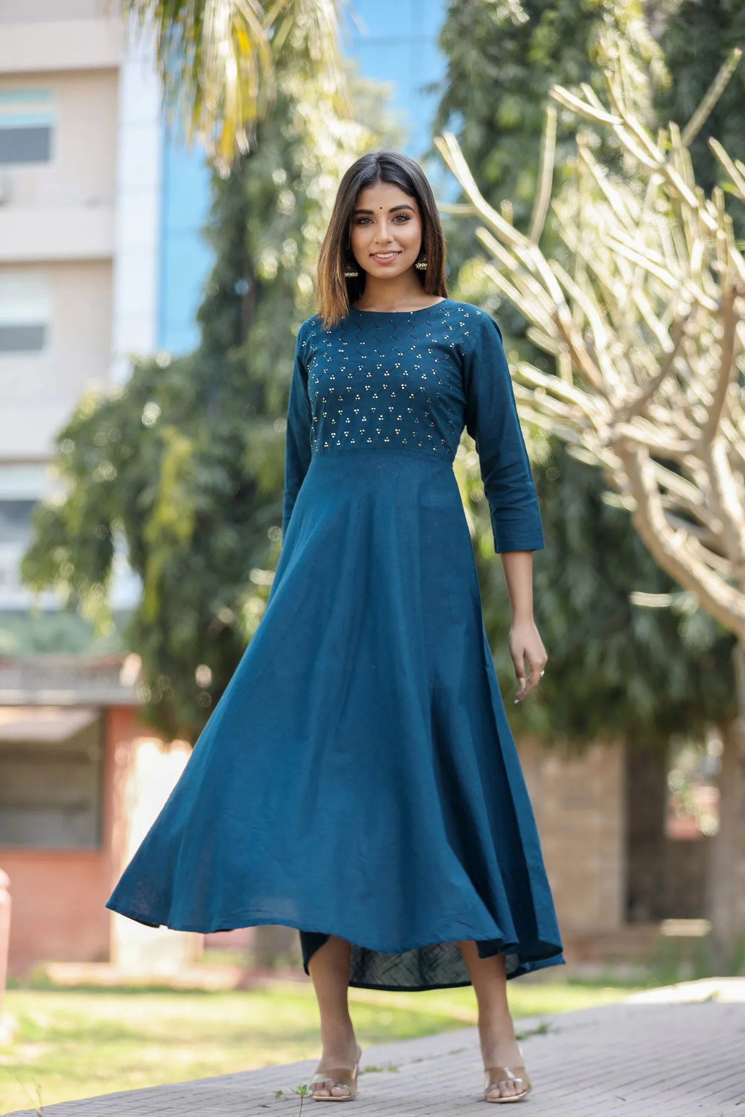 Navy Blue Sequin Cotton Anarkali Kurta (pack of 1)