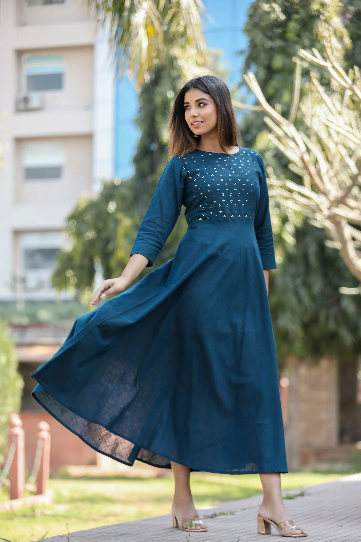 Navy Blue Sequin Cotton Anarkali Kurta (pack of 1)