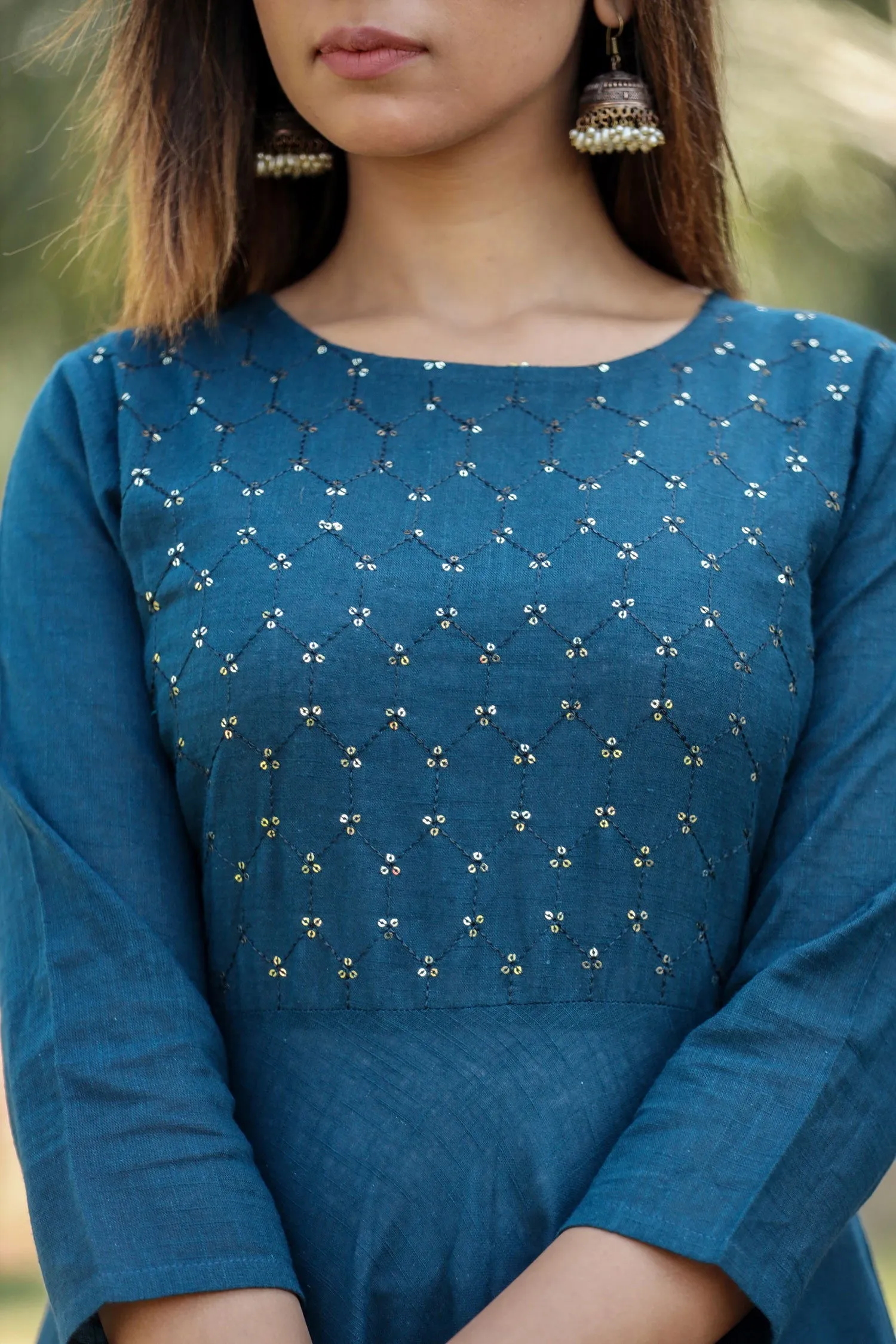Navy Blue Sequin Cotton Anarkali Kurta (pack of 1)
