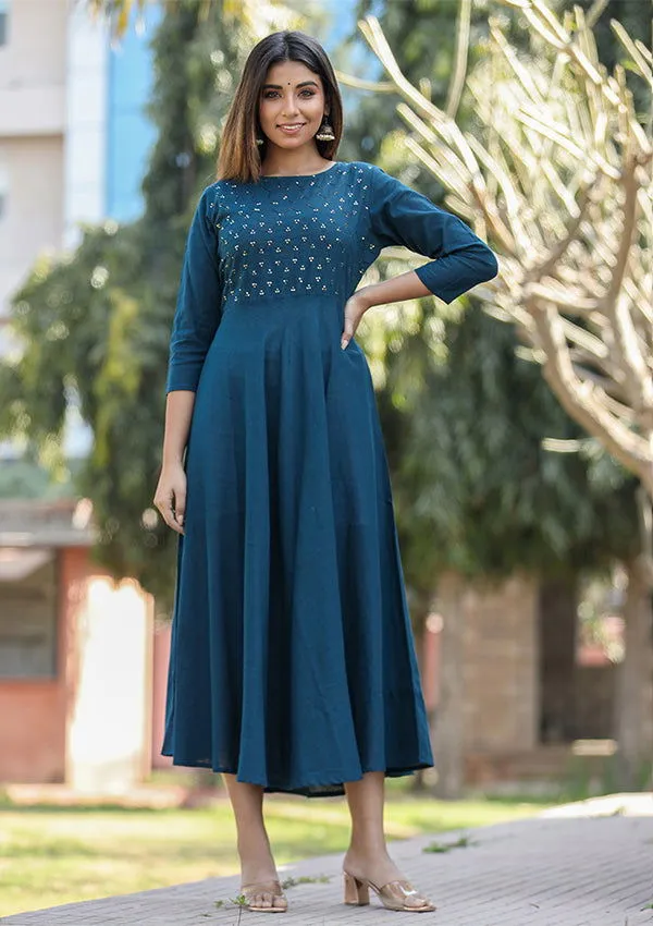 Navy Blue Sequin Cotton Anarkali Kurta (pack of 1)