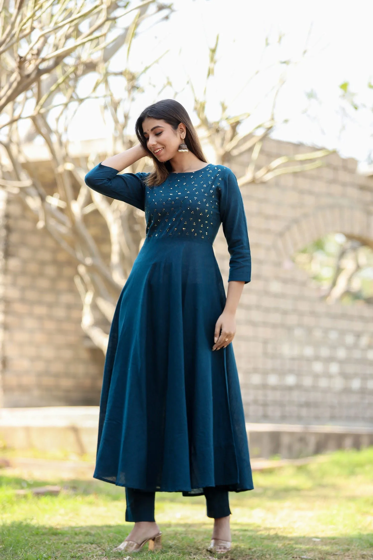 Navy Blue Sequin Cotton Anarkali Kurta (pack of 1)
