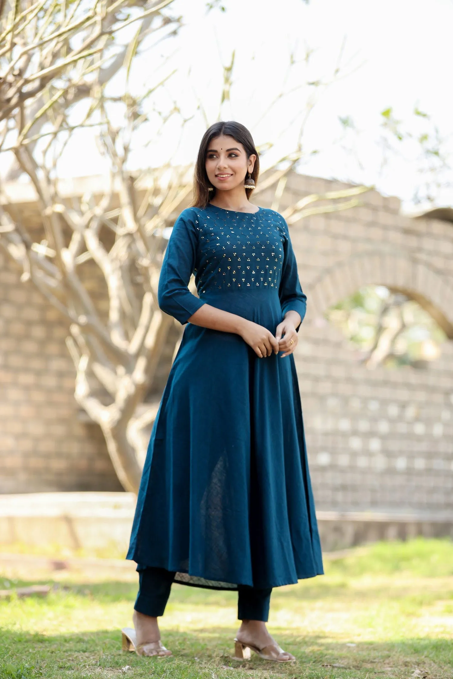 Navy Blue Sequin Cotton Anarkali Kurta (pack of 1)