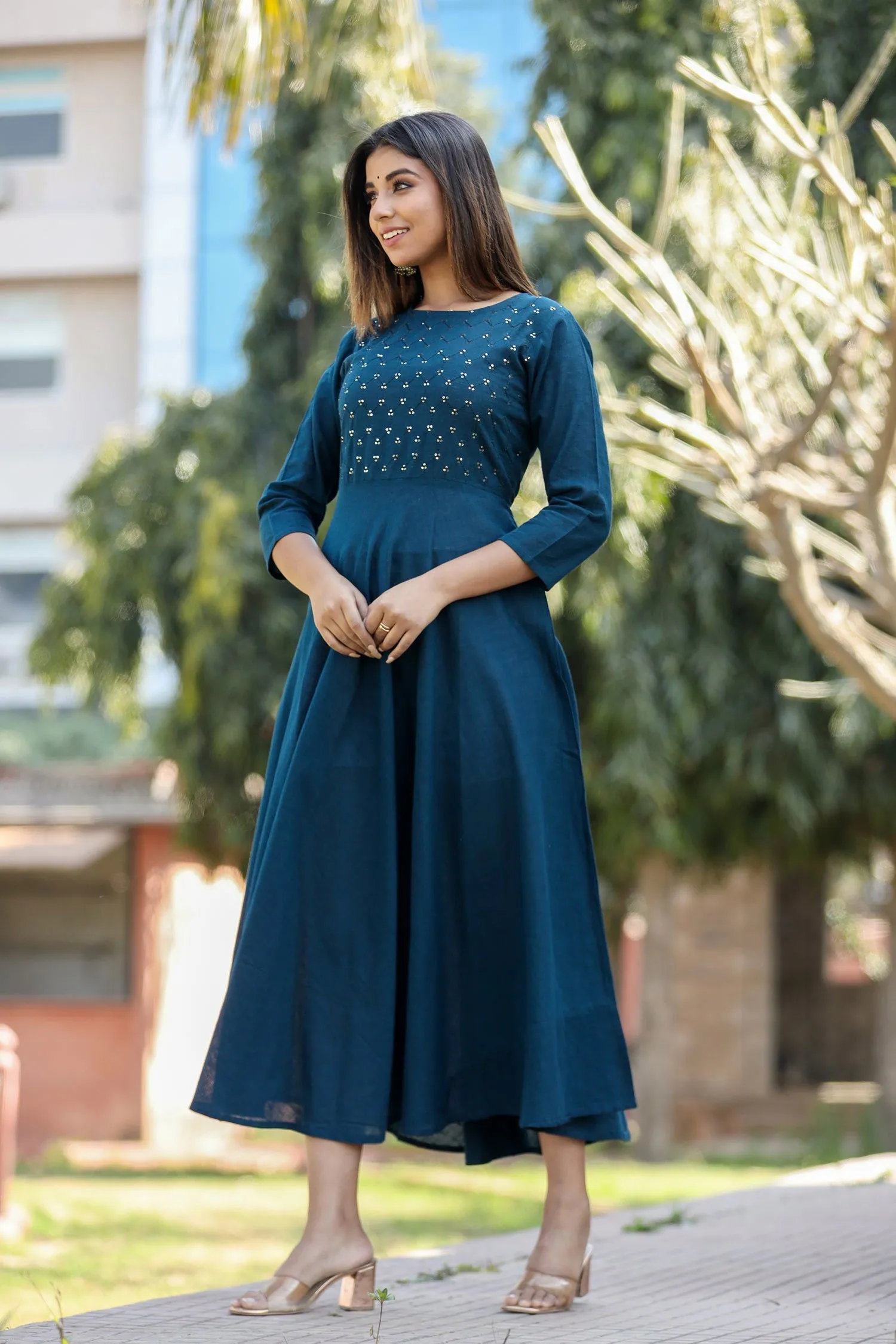 Navy Blue Sequin Cotton Anarkali Kurta (pack of 1)