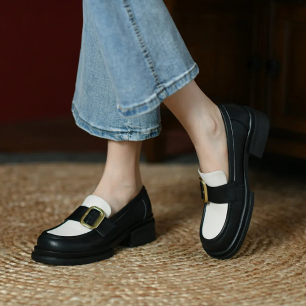 ROUND TOE CHUNKY HEEL LOAFERS for WOMEN