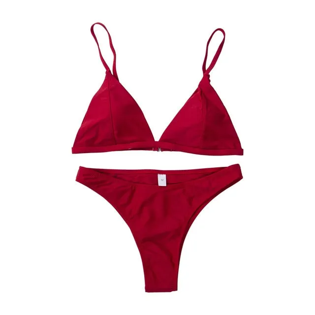 Solid Casual Style Women's Brazillian Swimwear Female Triangle Bikini Set Bandage Push-Up Swimsuit Bathing Beachwear