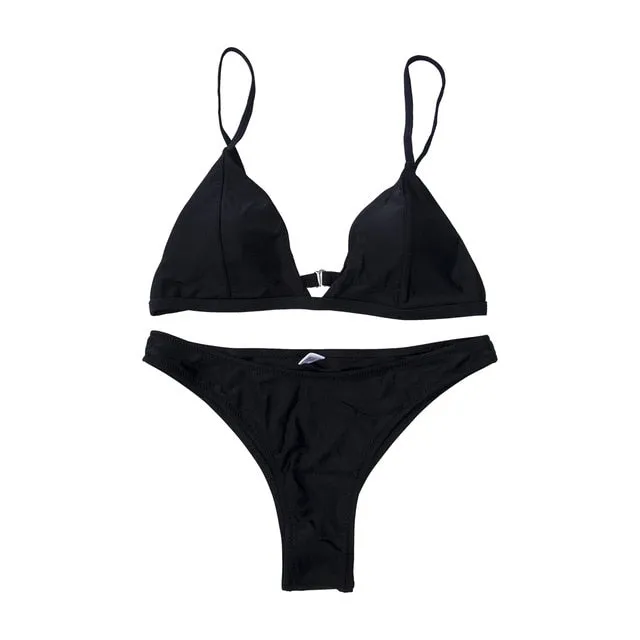 Solid Casual Style Women's Brazillian Swimwear Female Triangle Bikini Set Bandage Push-Up Swimsuit Bathing Beachwear