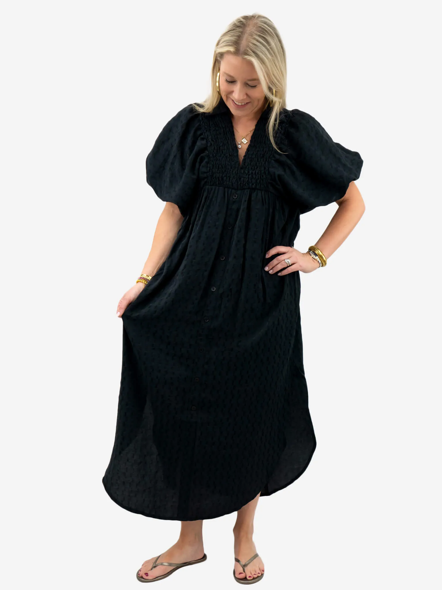 Textured Puff Sleeve Midi Dress