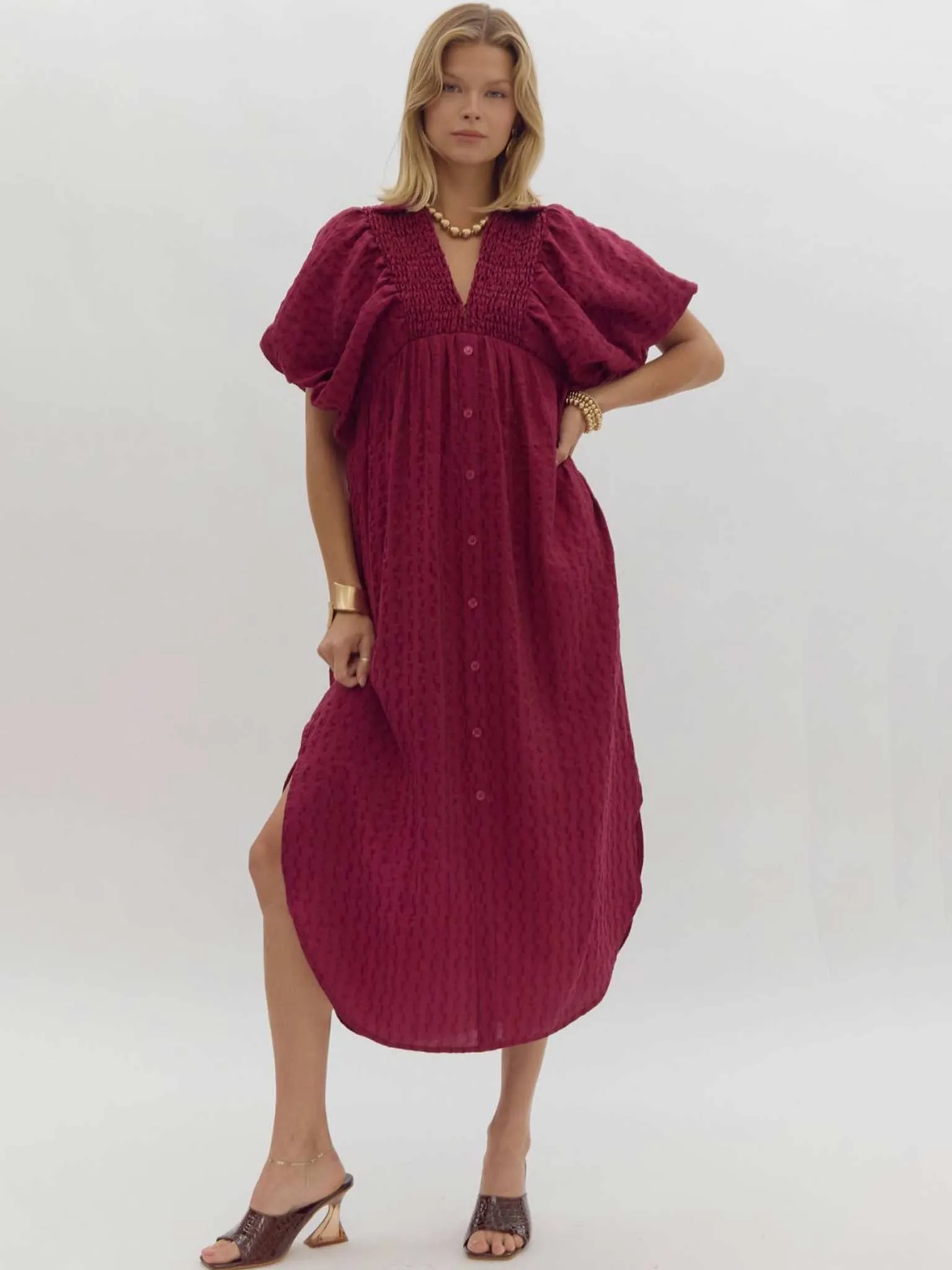 Textured Puff Sleeve Midi Dress