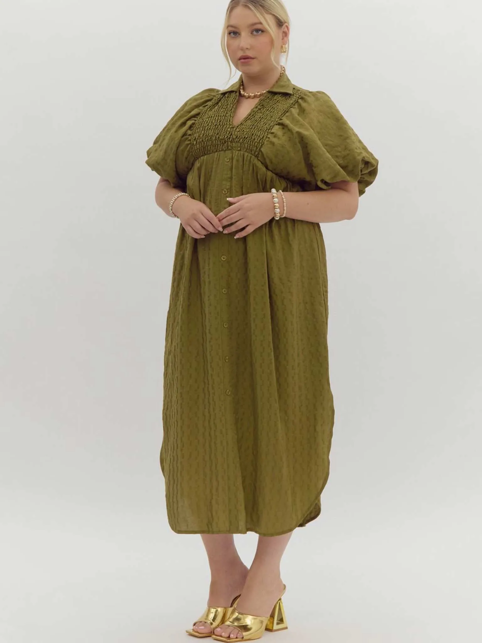 Textured Puff Sleeve Midi Dress