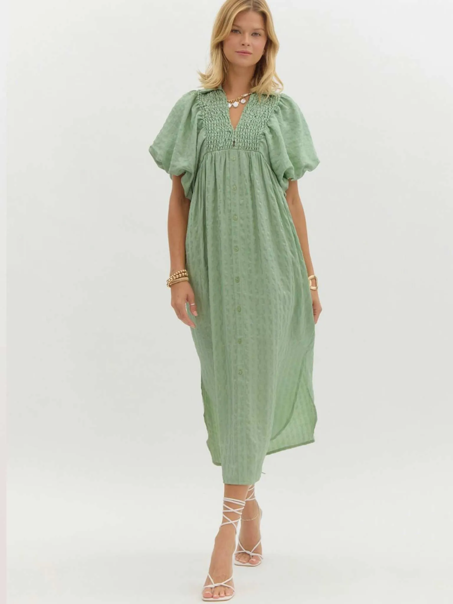 Textured Puff Sleeve Midi Dress
