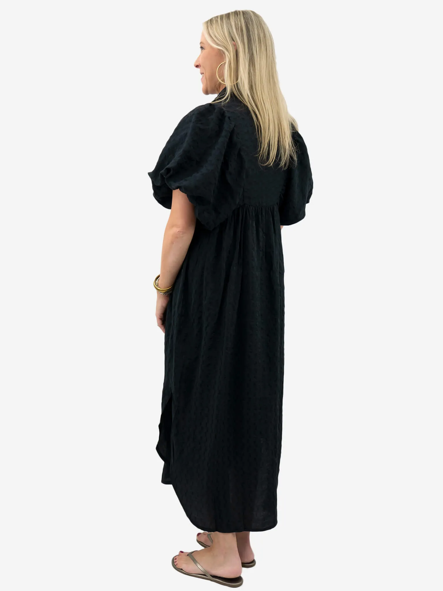 Textured Puff Sleeve Midi Dress