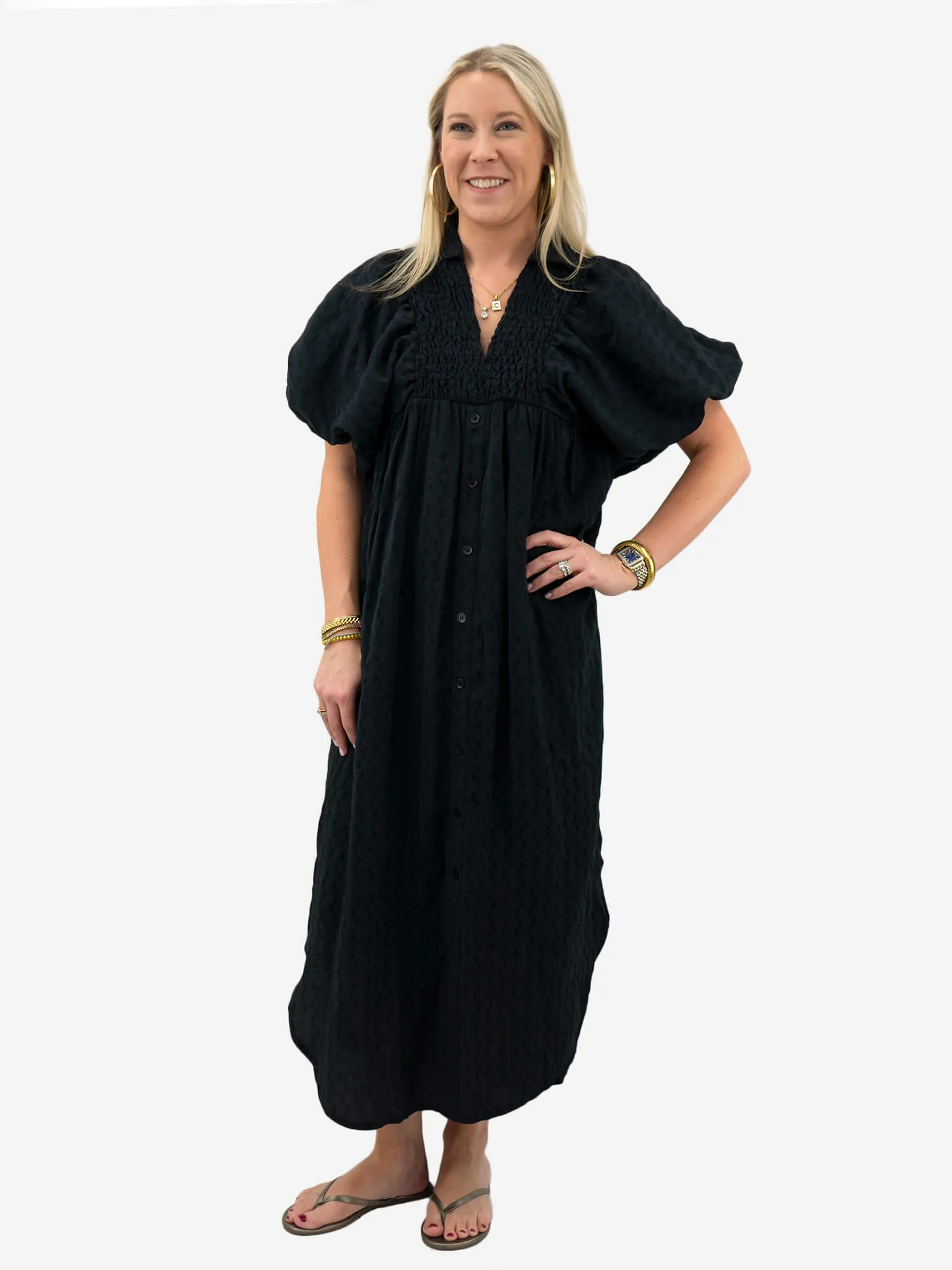 Textured Puff Sleeve Midi Dress