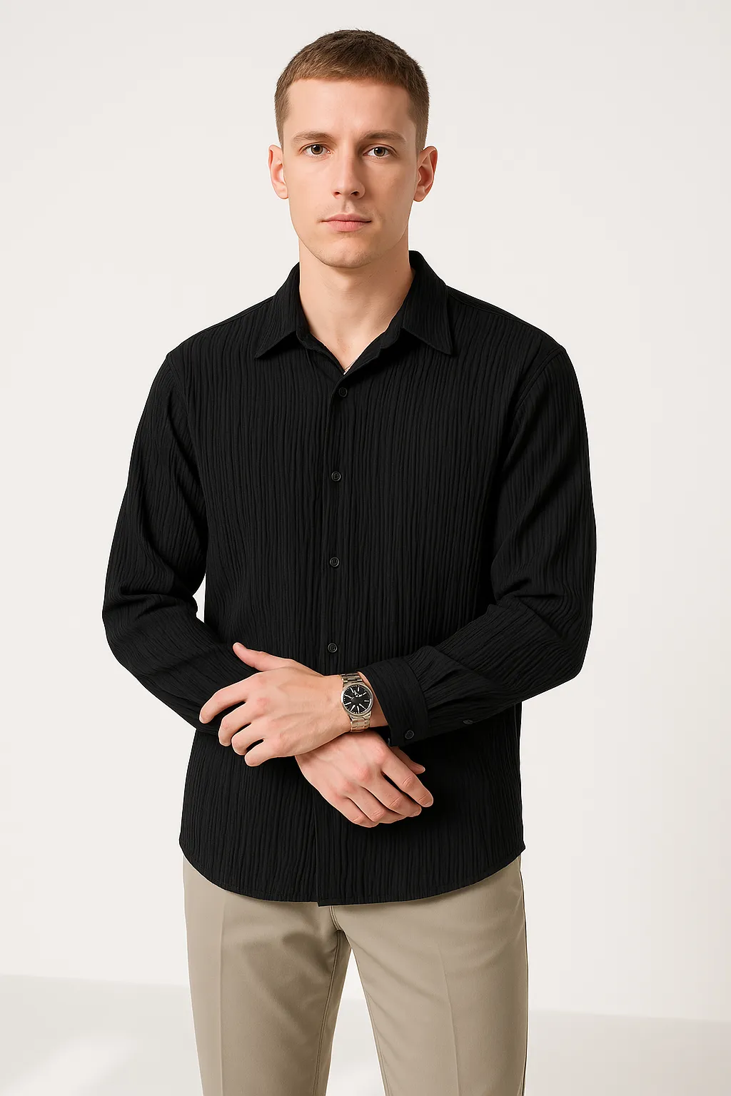 Unisex Long Sleeve Shirt Crinkle Fabric Oversized Fit Button Down Casual Style