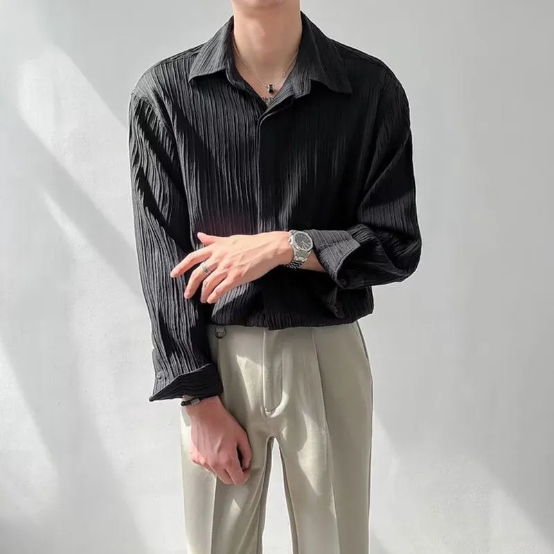 Unisex Long Sleeve Shirt Crinkle Fabric Oversized Fit Button Down Casual Style