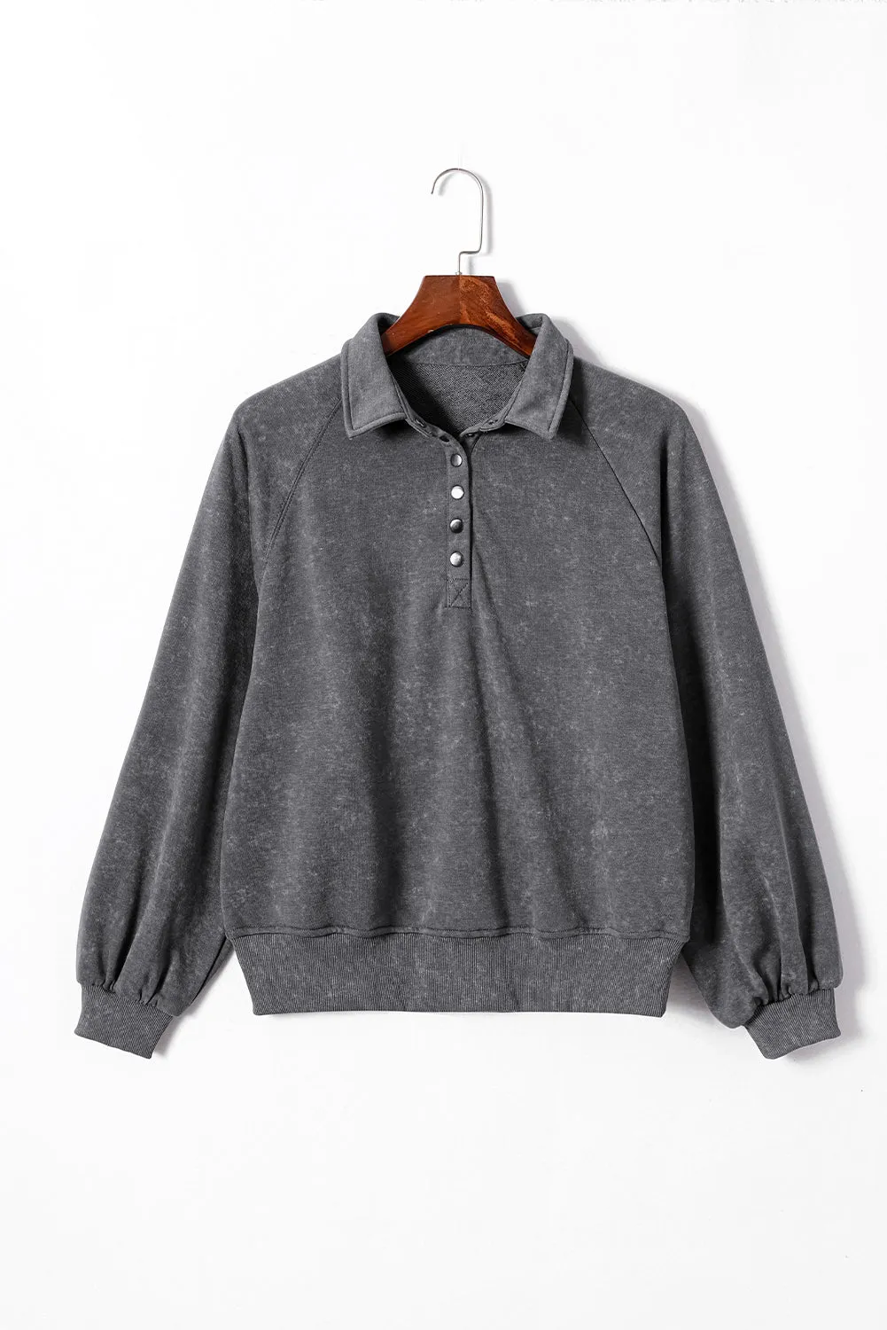 Washed Snap Buttons Lantern Sleeve Pullover Sweatshirt